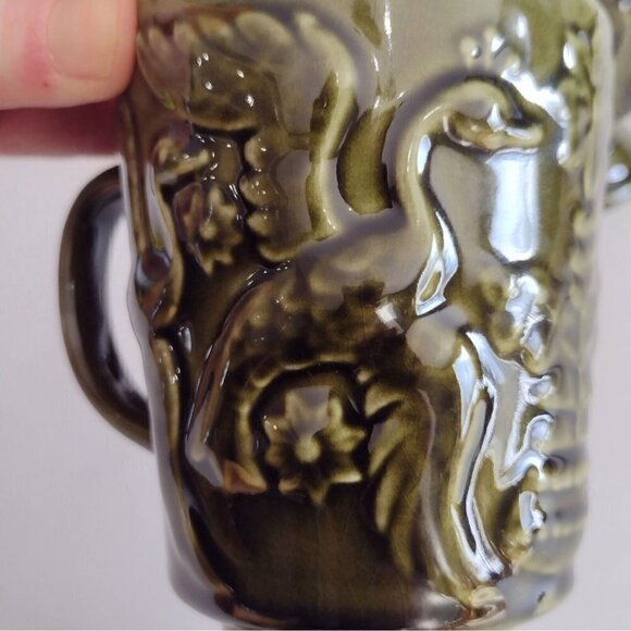 Vintage (3) Mid Century Selca Portugal Pottery Pedestal Mugs Green Birds Floral - Picture 8 of 13